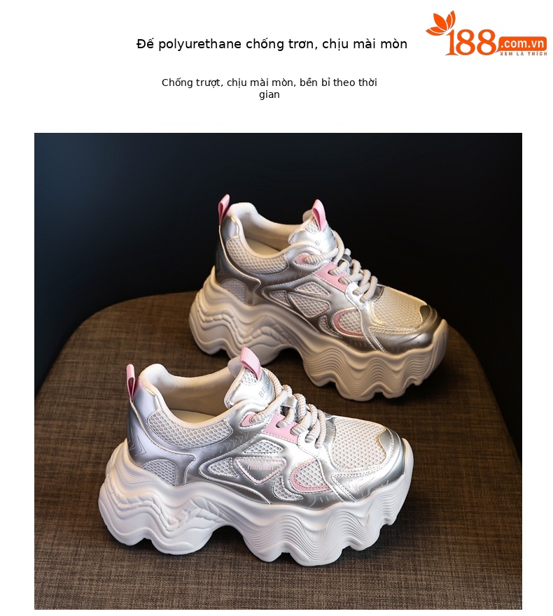 Giày thể thao nữ đế dày tăng chiều cao lưới thoáng khí phong cách dad sneaker — Màu be chi tiết 10