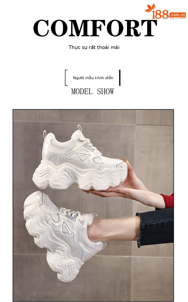 Giày thể thao nữ đế dày tăng chiều cao lưới thoáng khí phong cách dad sneaker — Màu be chi tiết 11