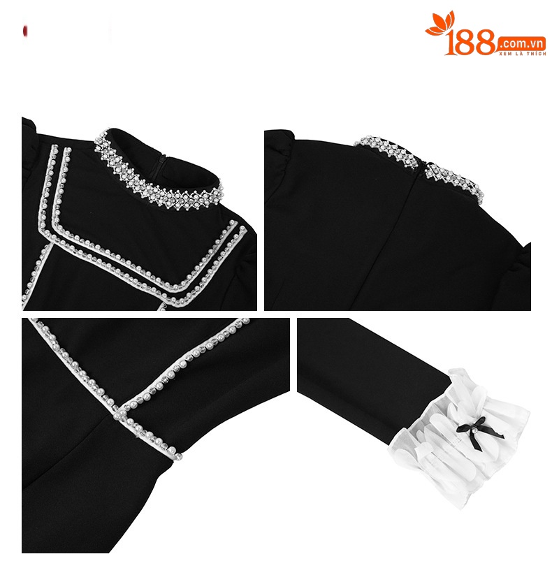 Đầm maxi nữ thắt eo kiểu Hepburn cổ tròn đính hạt — Màu đen chi tiết 3