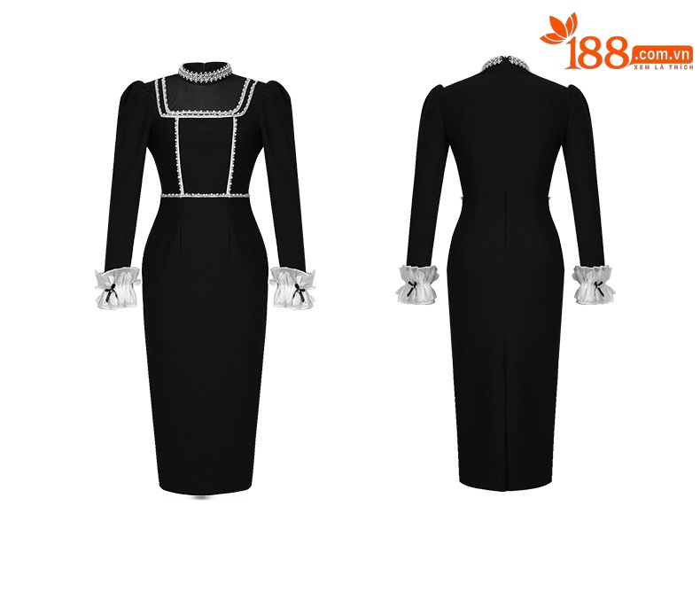 Đầm maxi nữ thắt eo kiểu Hepburn cổ tròn đính hạt — Màu đen chi tiết 4