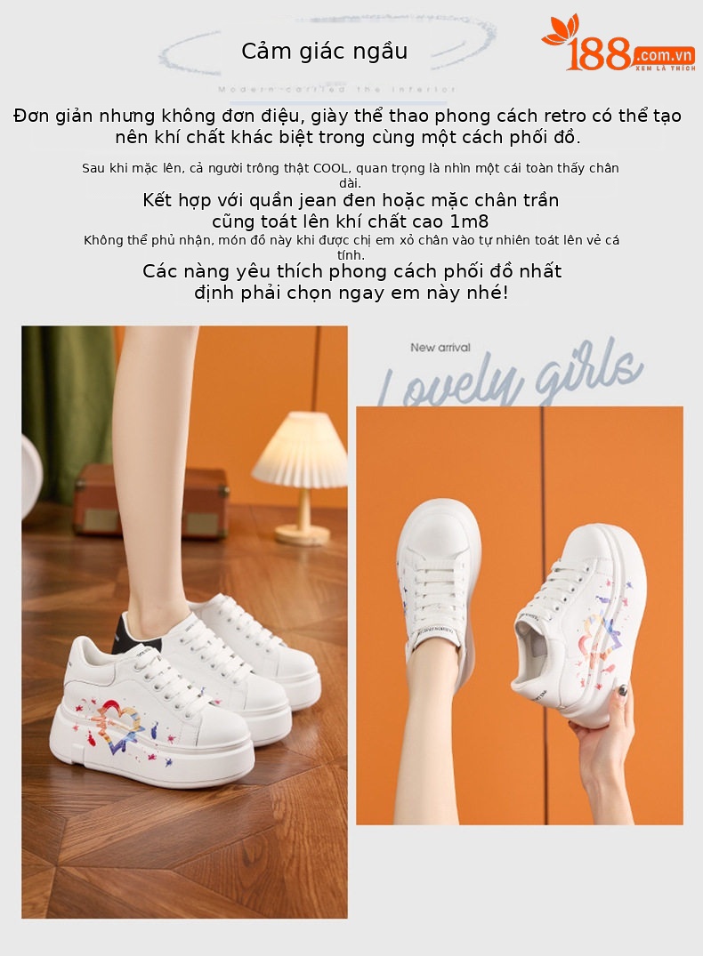 Giày sneaker nữ chạy bộ mesh thoáng đế wedge 8 cm — Trắng, đen, Trắng chi tiết 4