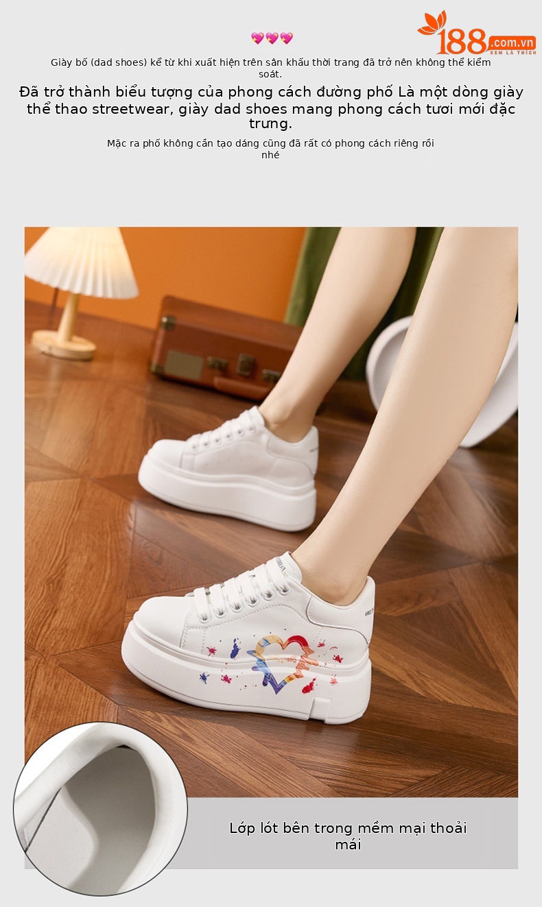 Giày sneaker nữ chạy bộ mesh thoáng đế wedge 8 cm — Trắng, đen, Trắng chi tiết 5