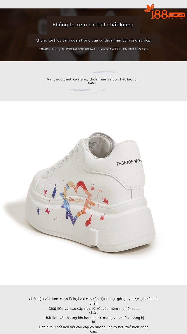 Giày sneaker nữ chạy bộ mesh thoáng đế wedge 8 cm — Trắng, đen, Trắng chi tiết 6