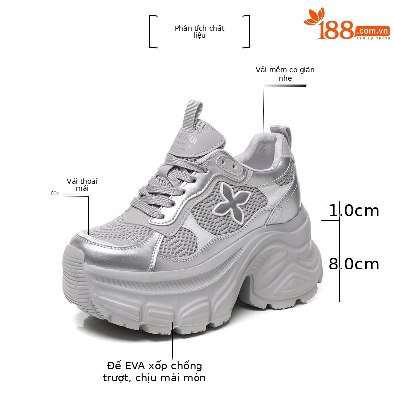 Giày sneaker nữ đế dày chunky mesh lưới thoáng khí, tăng chiều cao nhẹ nhàng — Màu trắng chi tiết 3