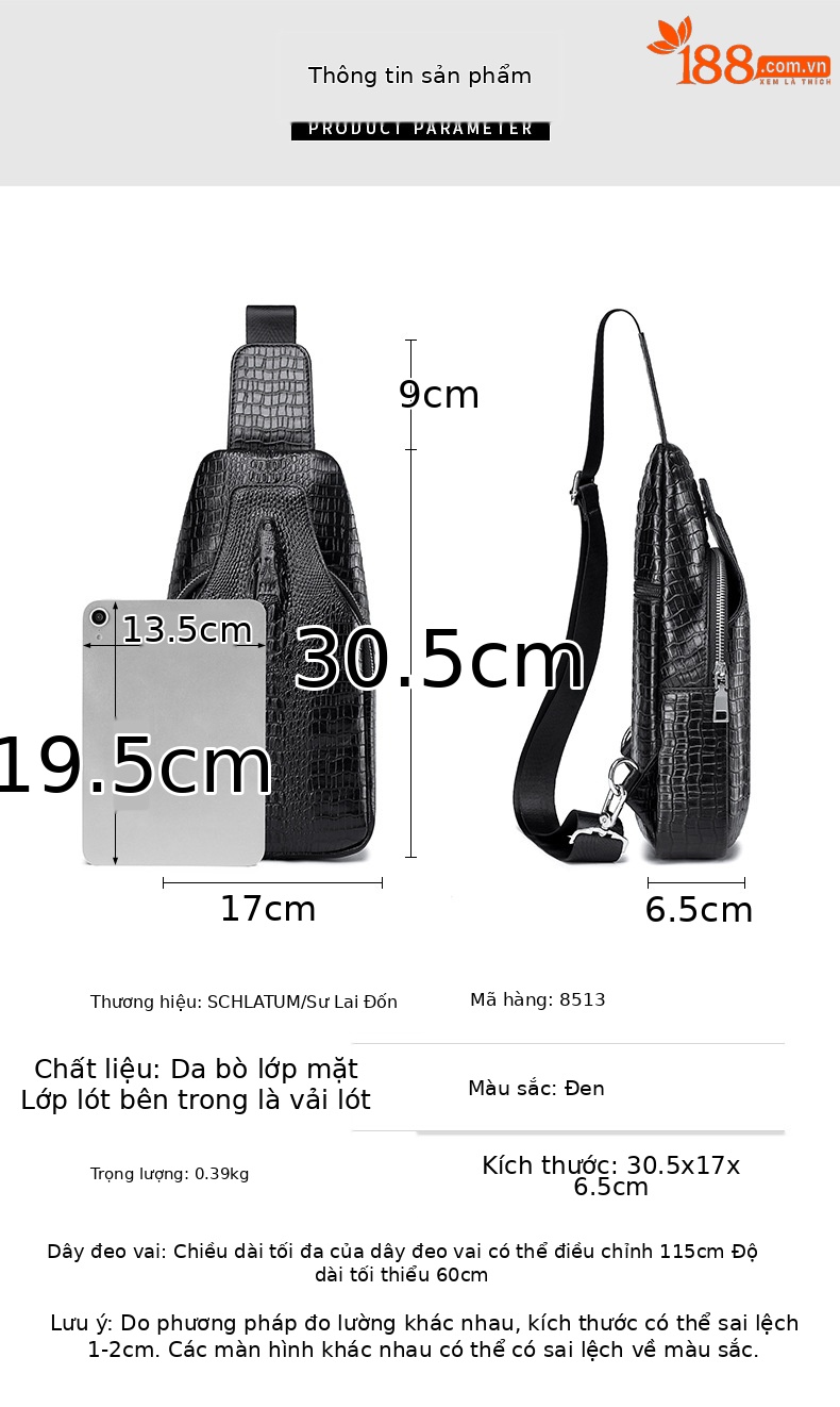 Túi đeo chéo nam da bò họa tiết cá sấu Lion Leiden, túi sling một quai thời trang — Màu đen chi tiết 5