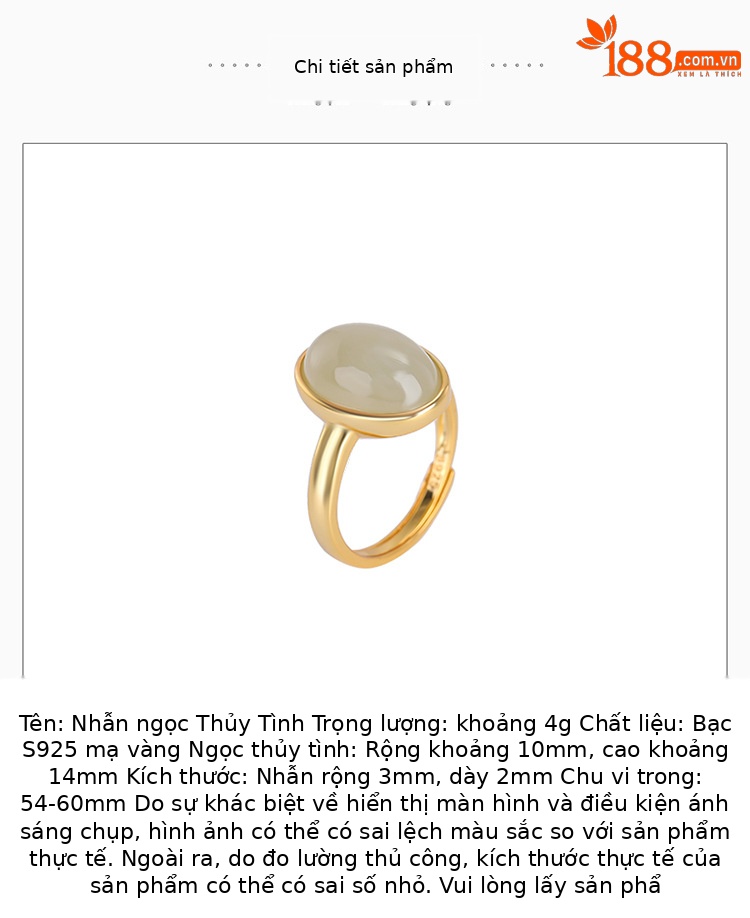 Nhẫn bạc S925 mạ vàng đính ngọc bích hình bầu dục phong cách đơn giản — Một chiếc chi tiết 2