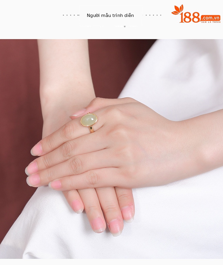 Nhẫn bạc S925 mạ vàng đính ngọc bích hình bầu dục phong cách đơn giản — Một chiếc chi tiết 4