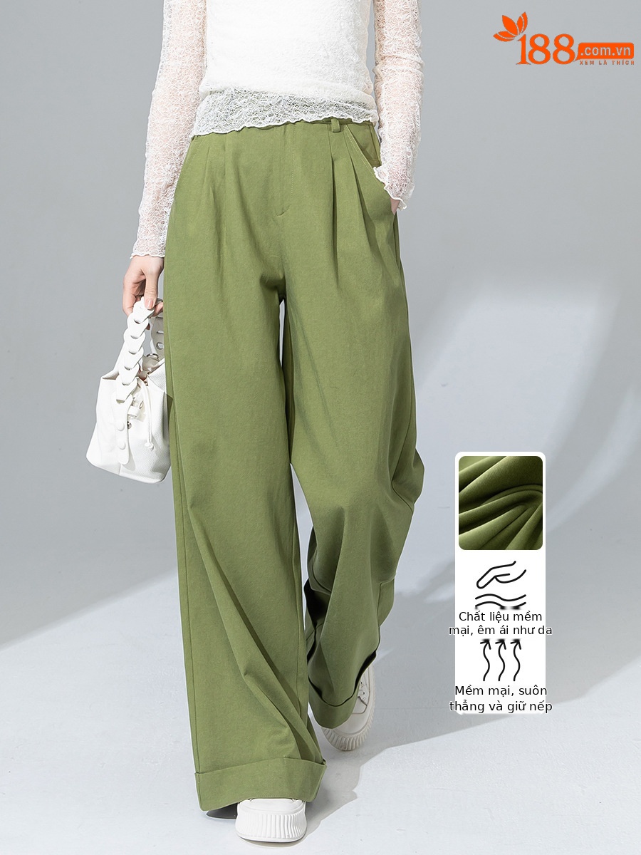 Quần tây nữ ống đứng cạp cao dáng suông dài chấm đất chất Tencel cotton — Xanh bơ