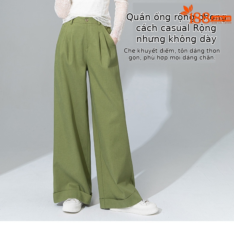 Quần tây nữ ống đứng cạp cao dáng suông dài chấm đất chất Tencel cotton — Xanh bơ chi tiết 7