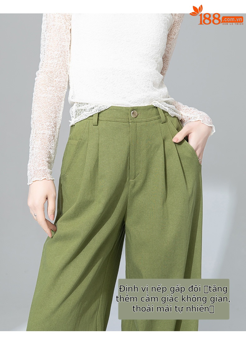 Quần tây nữ ống đứng cạp cao dáng suông dài chấm đất chất Tencel cotton — Xanh bơ chi tiết 8