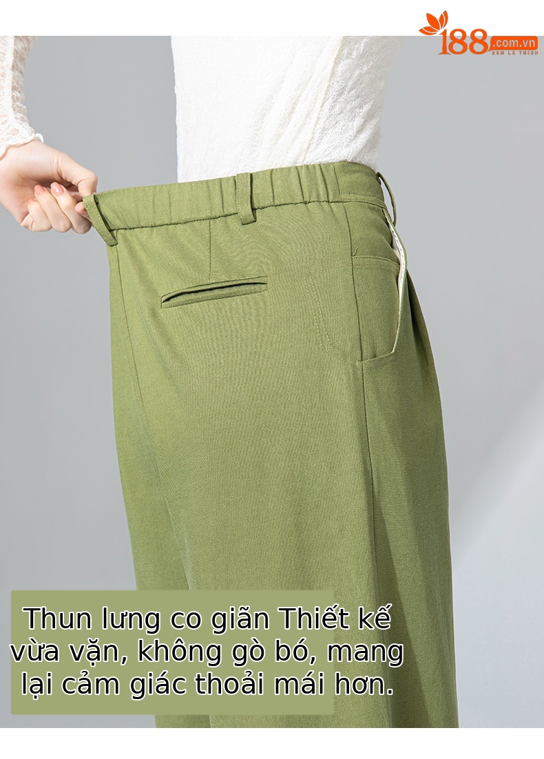Quần tây nữ ống đứng cạp cao dáng suông dài chấm đất chất Tencel cotton — Xanh bơ chi tiết 9