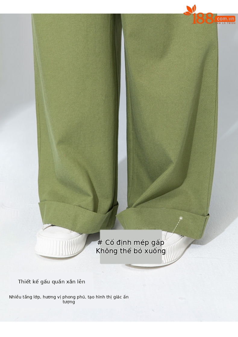 Quần tây nữ ống đứng cạp cao dáng suông dài chấm đất chất Tencel cotton — Xanh bơ chi tiết 10