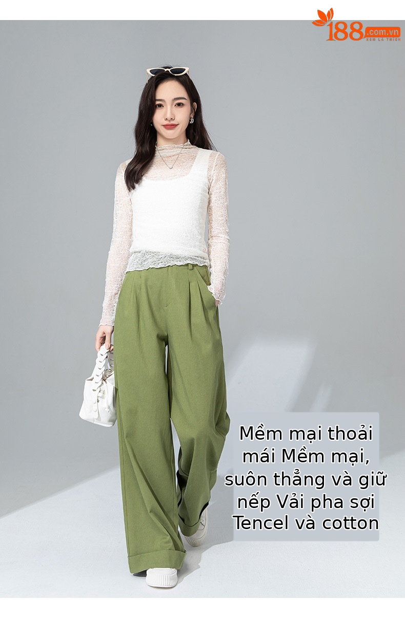 Quần tây nữ ống đứng cạp cao dáng suông dài chấm đất chất Tencel cotton — Xanh bơ chi tiết 11