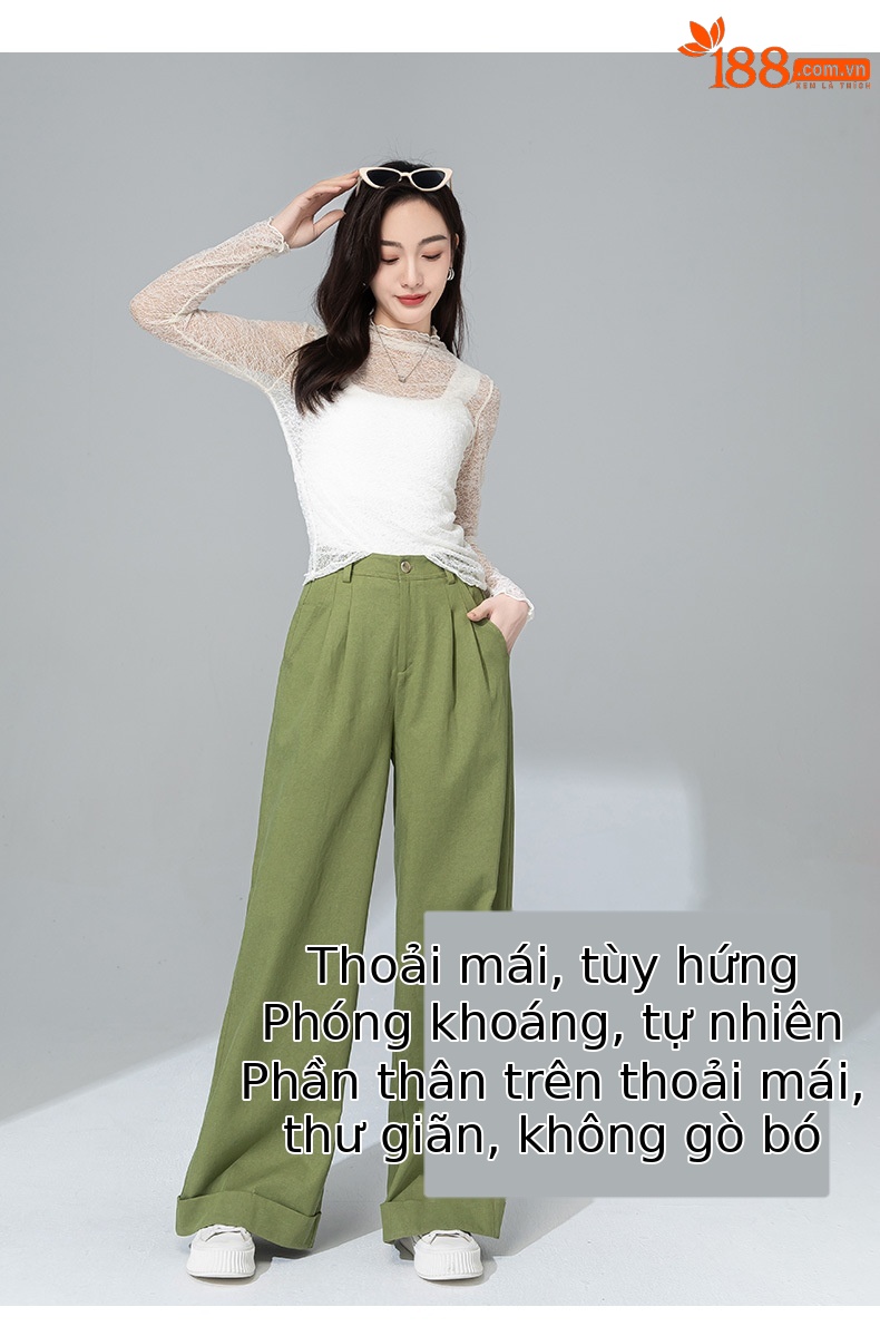 Quần tây nữ ống đứng cạp cao dáng suông dài chấm đất chất Tencel cotton — Xanh bơ chi tiết 12