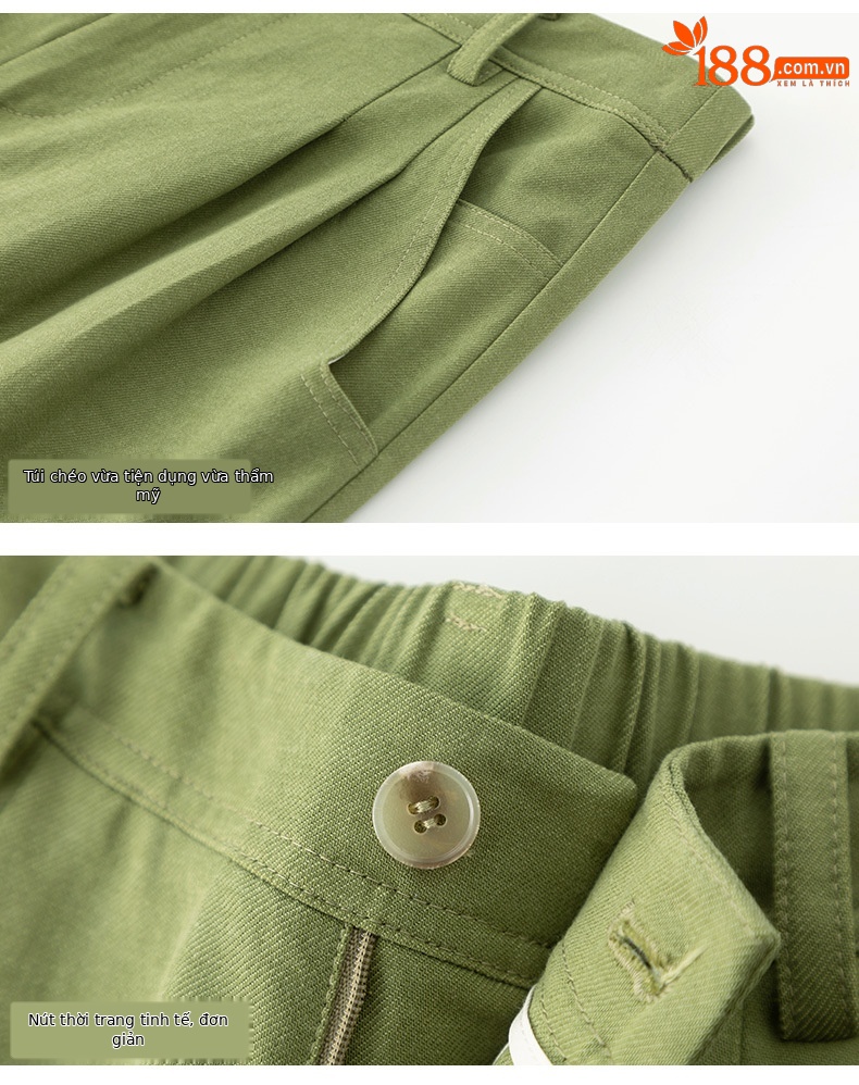 Quần tây nữ ống đứng cạp cao dáng suông dài chấm đất chất Tencel cotton — Xanh bơ chi tiết 14