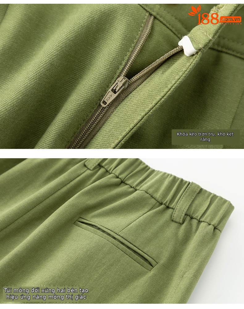Quần tây nữ ống đứng cạp cao dáng suông dài chấm đất chất Tencel cotton — Xanh bơ chi tiết 15