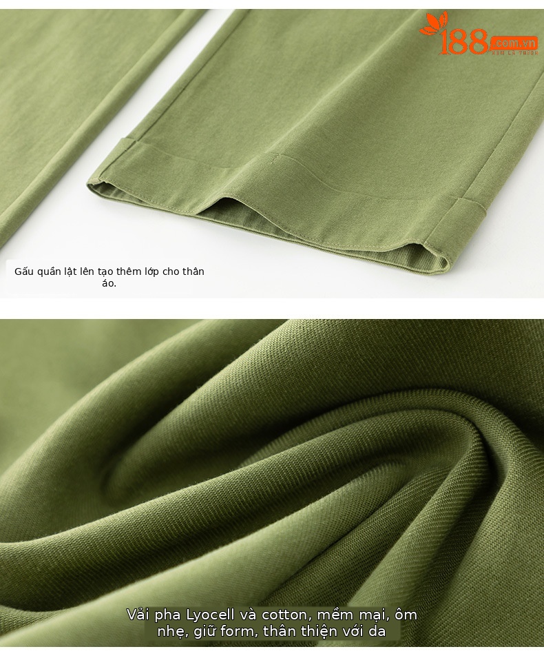 Quần tây nữ ống đứng cạp cao dáng suông dài chấm đất chất Tencel cotton — Xanh bơ chi tiết 16