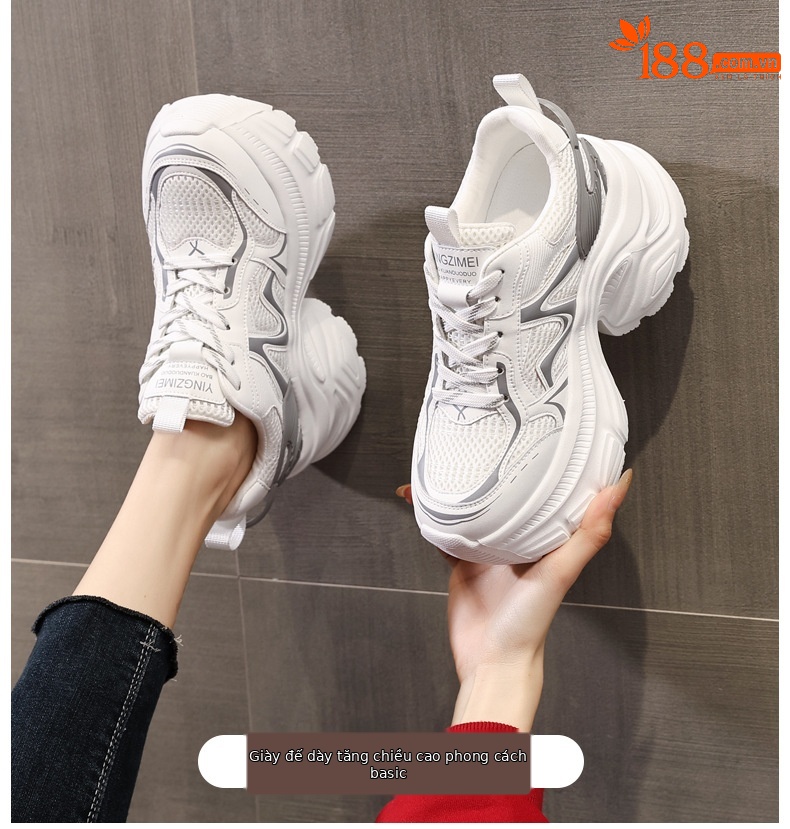 Giày sneaker nữ đế dày chunky mesh thoáng khí, tăng chiều cao bên trong — Màu trắng chi tiết 1