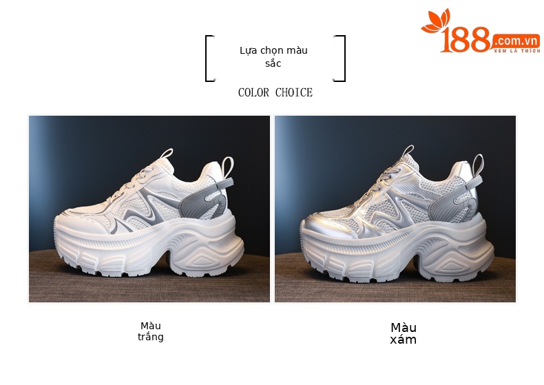 Giày sneaker nữ đế dày chunky mesh thoáng khí, tăng chiều cao bên trong — Màu trắng chi tiết 2