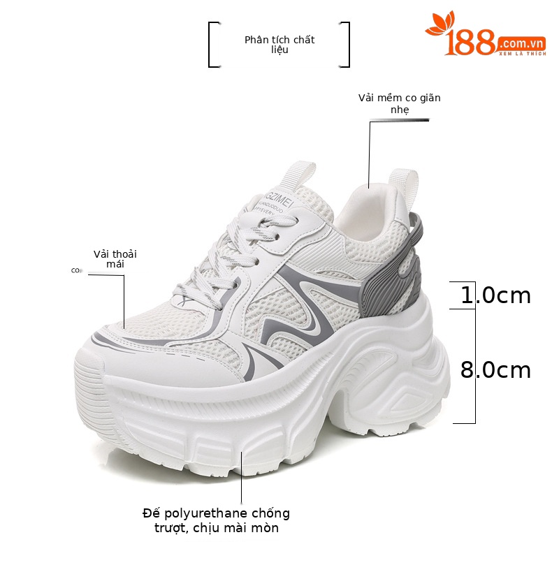 Giày sneaker nữ đế dày chunky mesh thoáng khí, tăng chiều cao bên trong — Màu trắng chi tiết 3