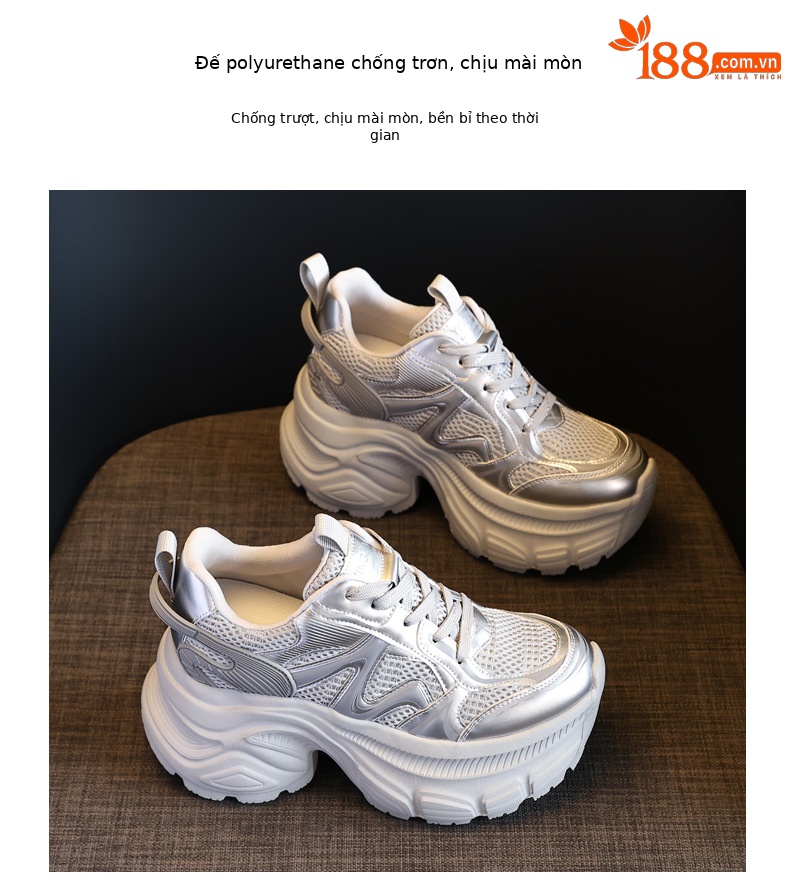 Giày sneaker nữ đế dày chunky mesh thoáng khí, tăng chiều cao bên trong — Màu trắng chi tiết 10