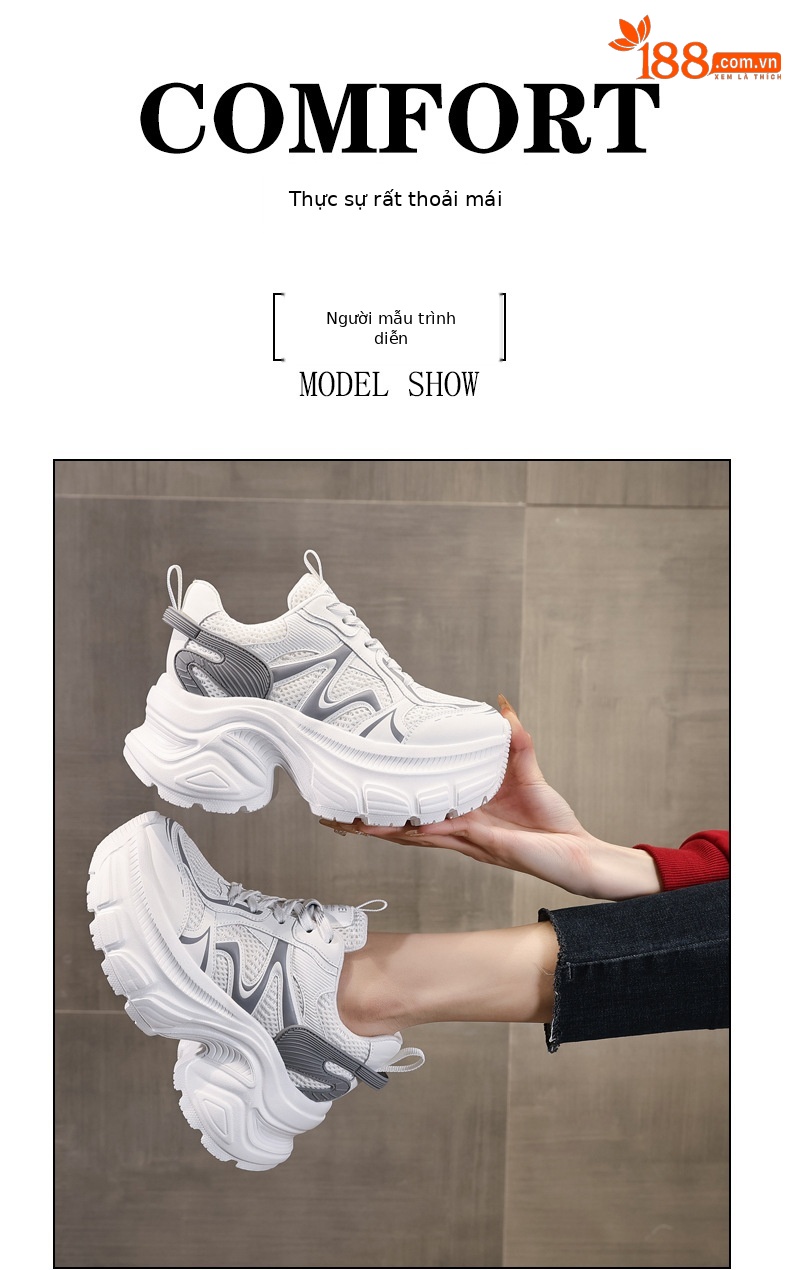 Giày sneaker nữ đế dày chunky mesh thoáng khí, tăng chiều cao bên trong — Màu trắng chi tiết 11