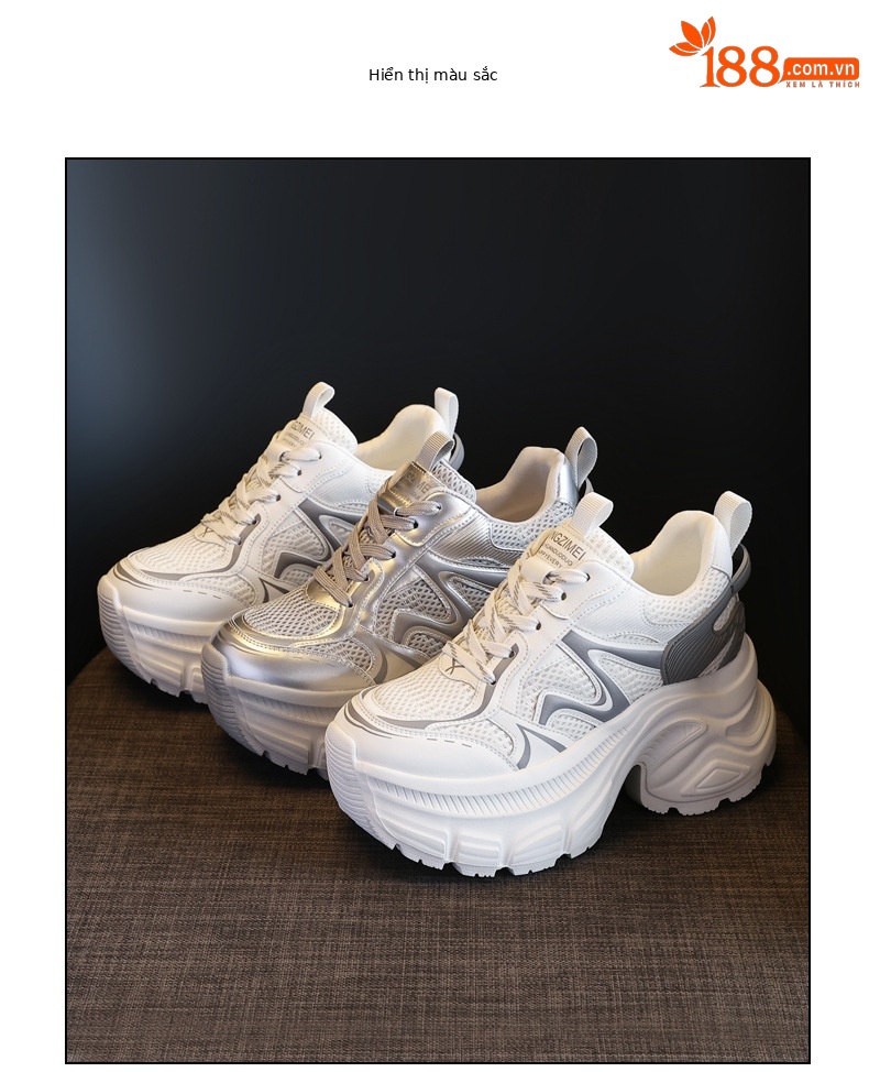 Giày sneaker nữ đế dày chunky mesh thoáng khí, tăng chiều cao bên trong — Màu trắng chi tiết 18