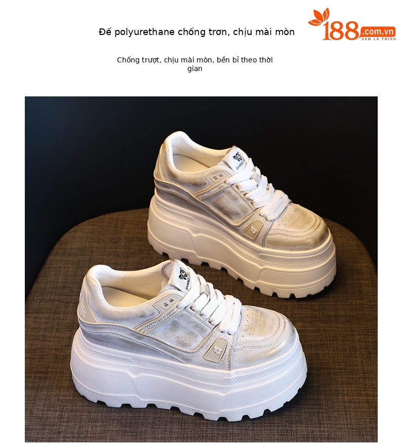 Giày sneaker nữ đế dày độn cao bên trong, phong cách thời trang dáng nhỏ — Màu vàng sâm panh chi tiết 10