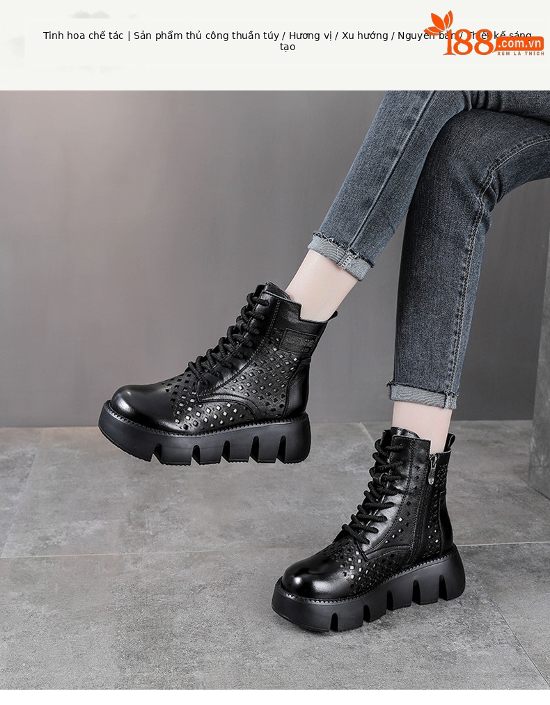 Giày boot nữ cổ cao da bò thật đế bánh xốp dày — Màu nâu chi tiết 1