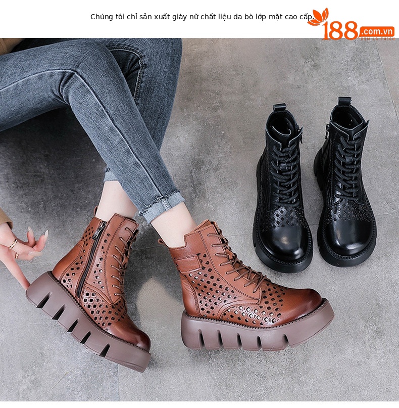 Giày boot nữ cổ cao da bò thật đế bánh xốp dày — Màu nâu chi tiết 2