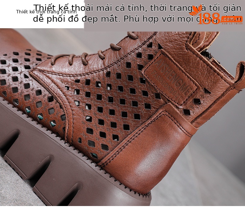 Giày boot nữ cổ cao da bò thật đế bánh xốp dày — Màu nâu chi tiết 4