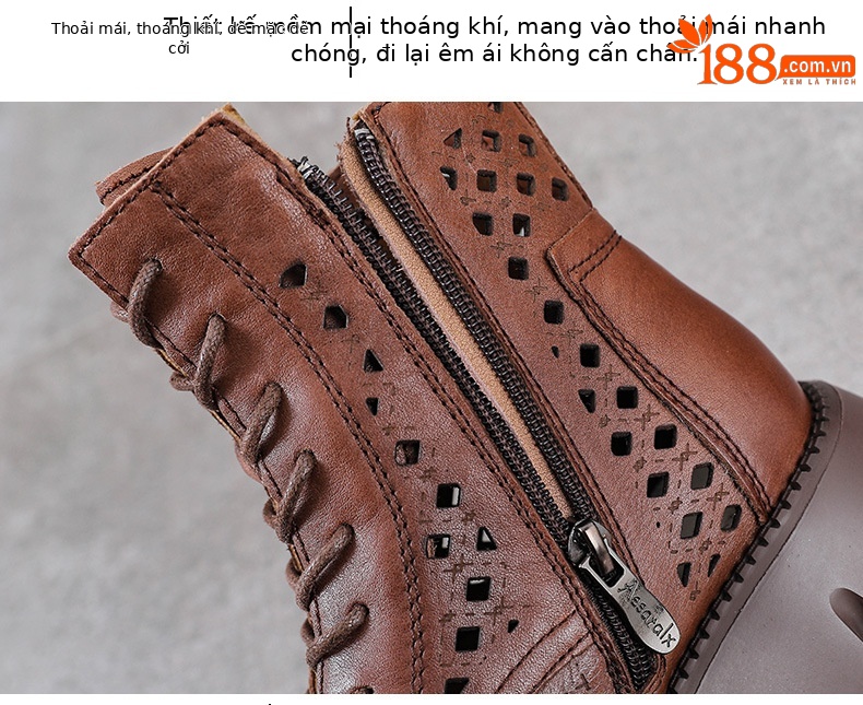 Giày boot nữ cổ cao da bò thật đế bánh xốp dày — Màu nâu chi tiết 5