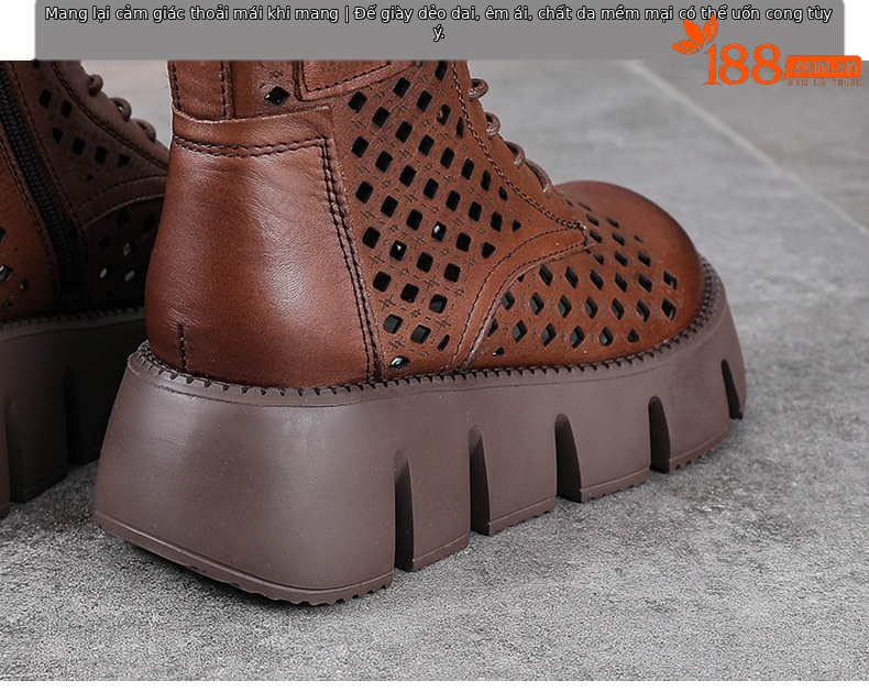 Giày boot nữ cổ cao da bò thật đế bánh xốp dày — Màu nâu chi tiết 7