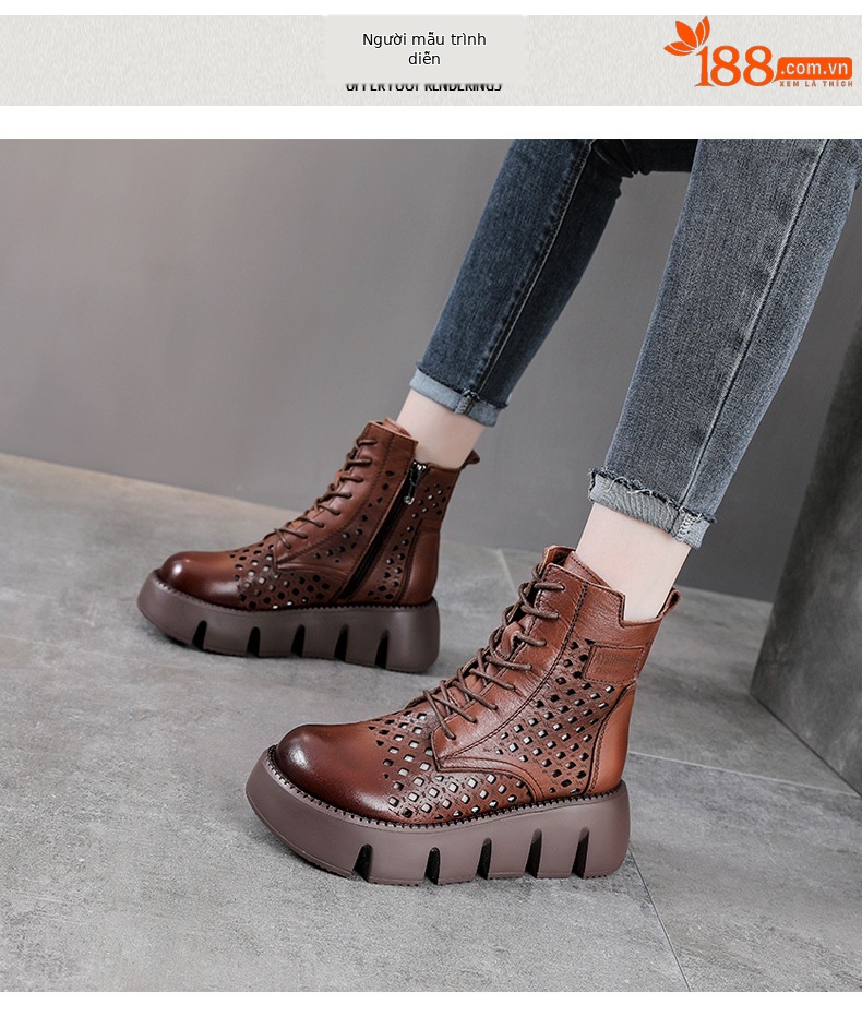 Giày boot nữ cổ cao da bò thật đế bánh xốp dày — Màu nâu chi tiết 8