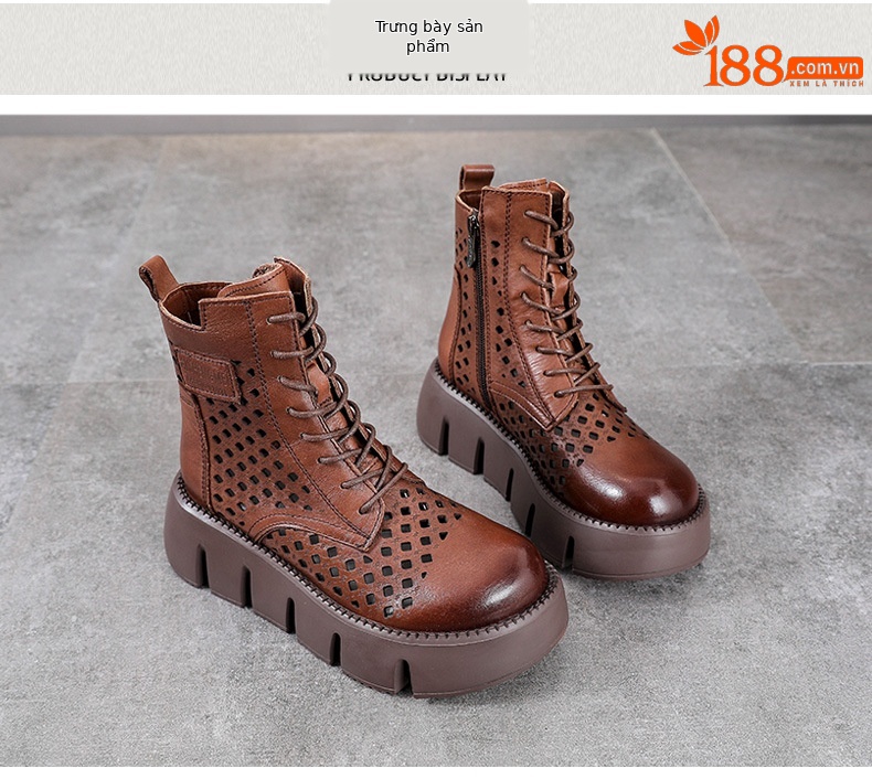 Giày boot nữ cổ cao da bò thật đế bánh xốp dày — Màu nâu chi tiết 9