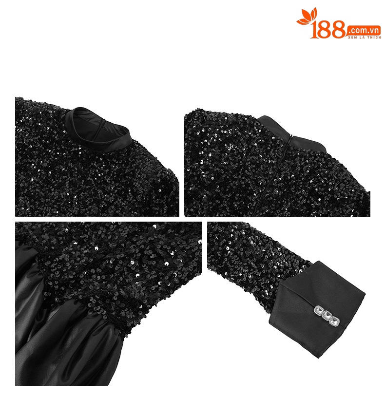 Váy dự tiệc nữ phối sequin eo thon xòe bồng — màu đen chi tiết 1