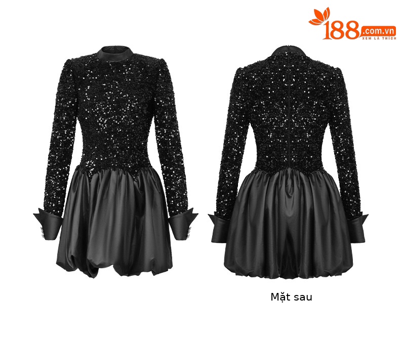 Váy dự tiệc nữ phối sequin eo thon xòe bồng — màu đen chi tiết 2