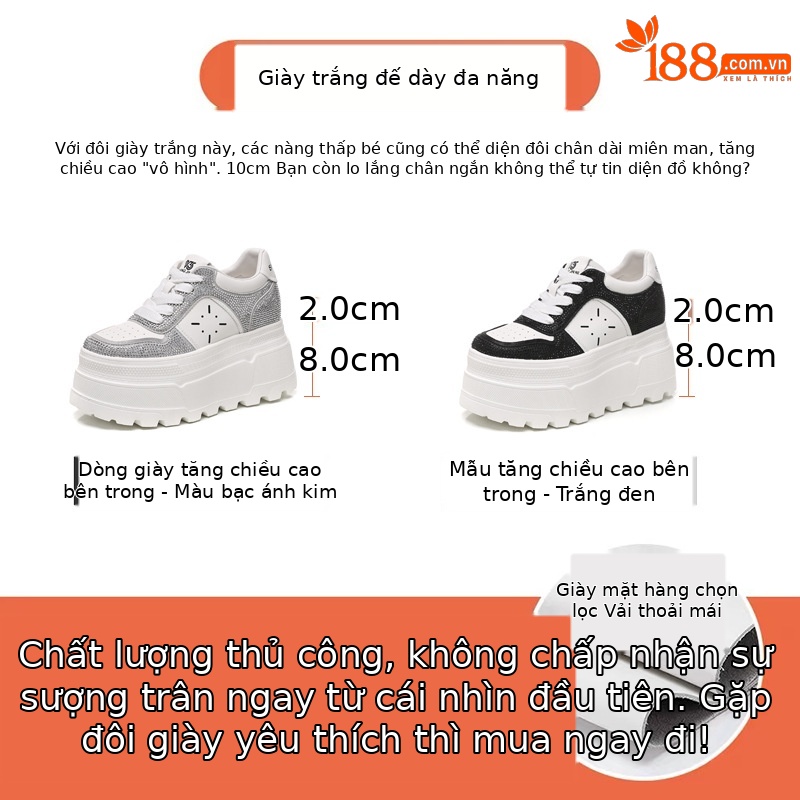 Giày sneaker nữ đế dày độn cao bên trong, phối đá rhinestone trắng thời trang — bạc trắng