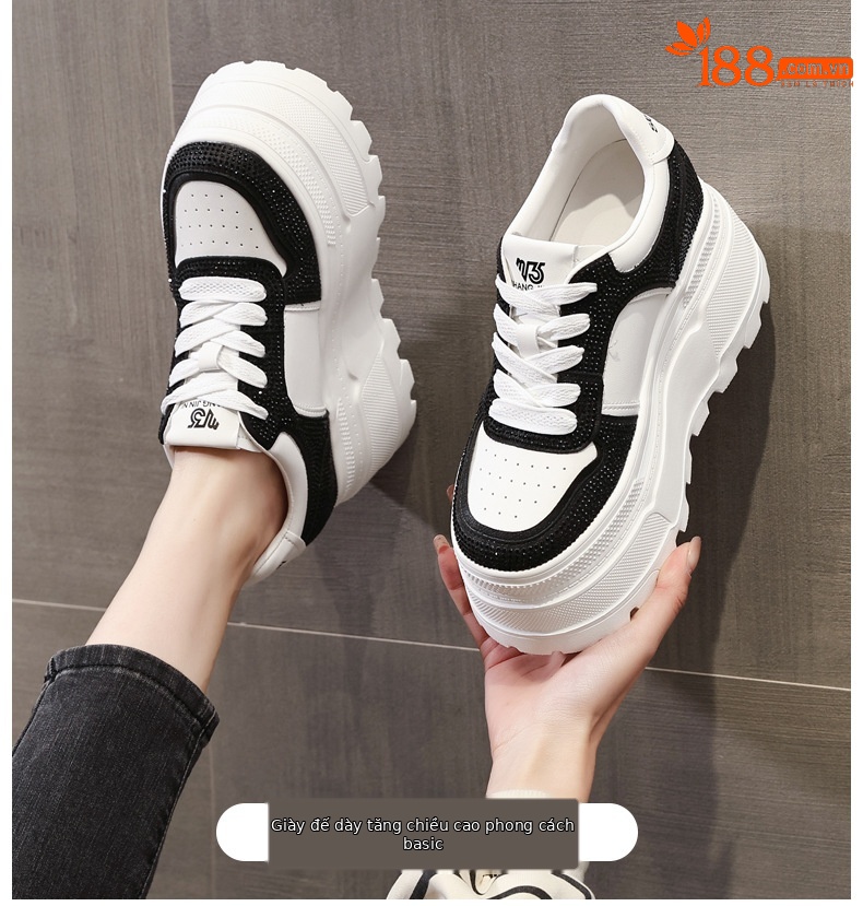 Giày sneaker nữ đế dày độn cao bên trong, phối đá rhinestone trắng thời trang — bạc trắng chi tiết 1