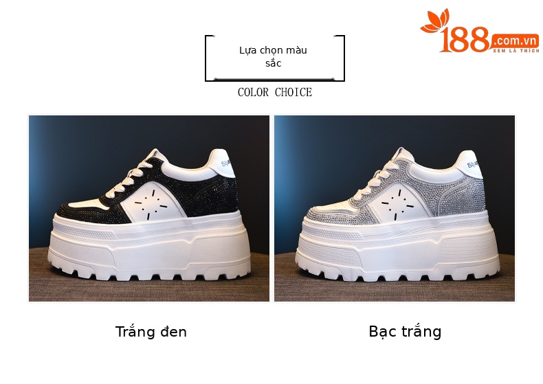 Giày sneaker nữ đế dày độn cao bên trong, phối đá rhinestone trắng thời trang — bạc trắng chi tiết 2