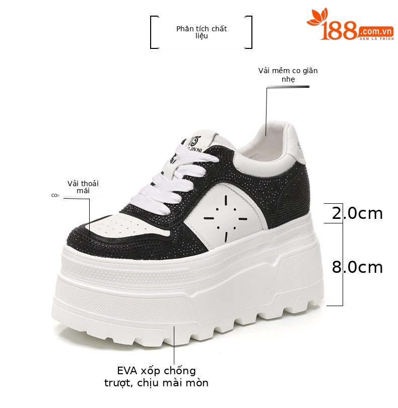 Giày sneaker nữ đế dày độn cao bên trong, phối đá rhinestone trắng thời trang — bạc trắng chi tiết 3