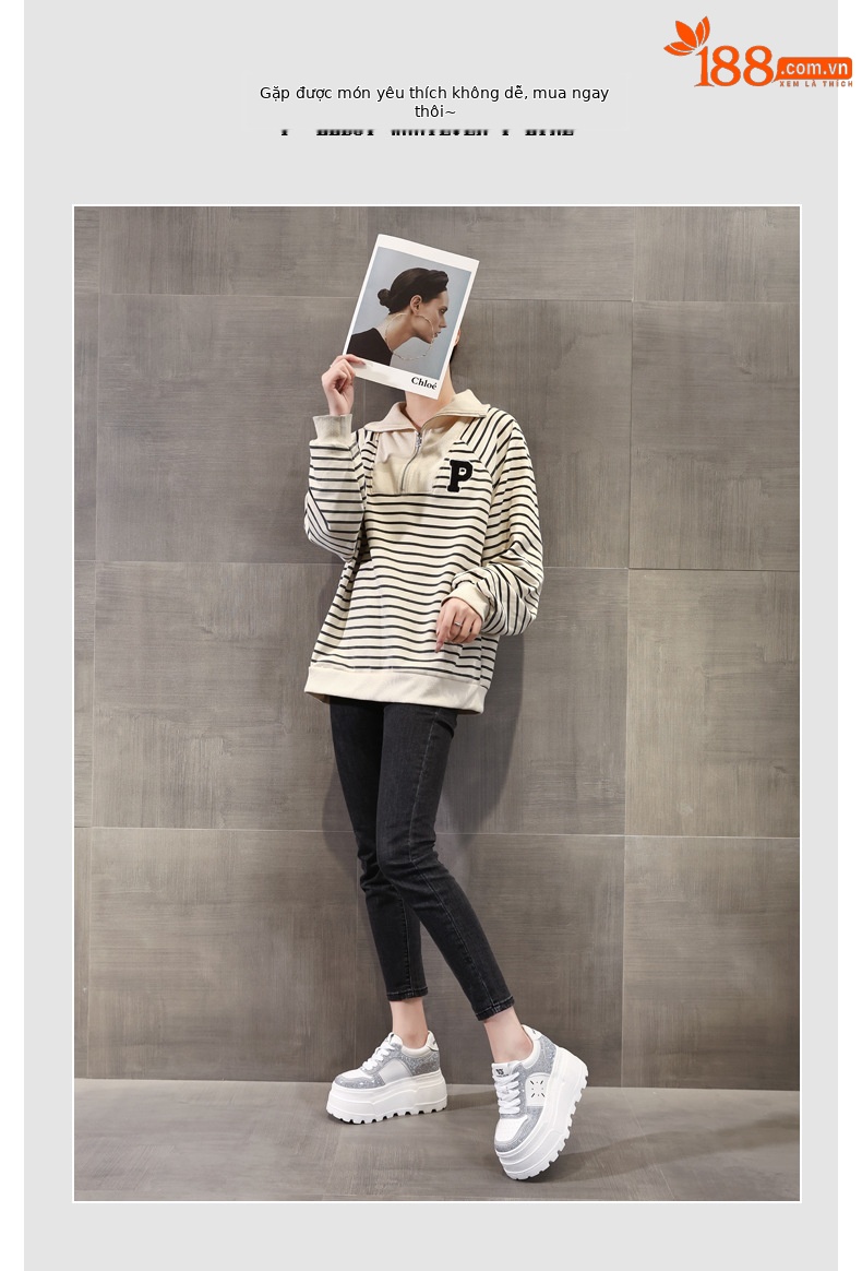 Giày sneaker nữ đế dày độn cao bên trong, phối đá rhinestone trắng thời trang — bạc trắng chi tiết 6
