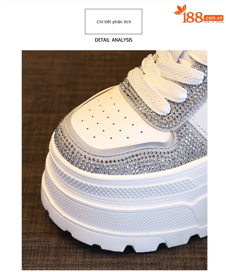 Giày sneaker nữ đế dày độn cao bên trong, phối đá rhinestone trắng thời trang — bạc trắng chi tiết 7
