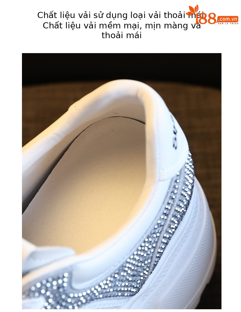 Giày sneaker nữ đế dày độn cao bên trong, phối đá rhinestone trắng thời trang — bạc trắng chi tiết 8