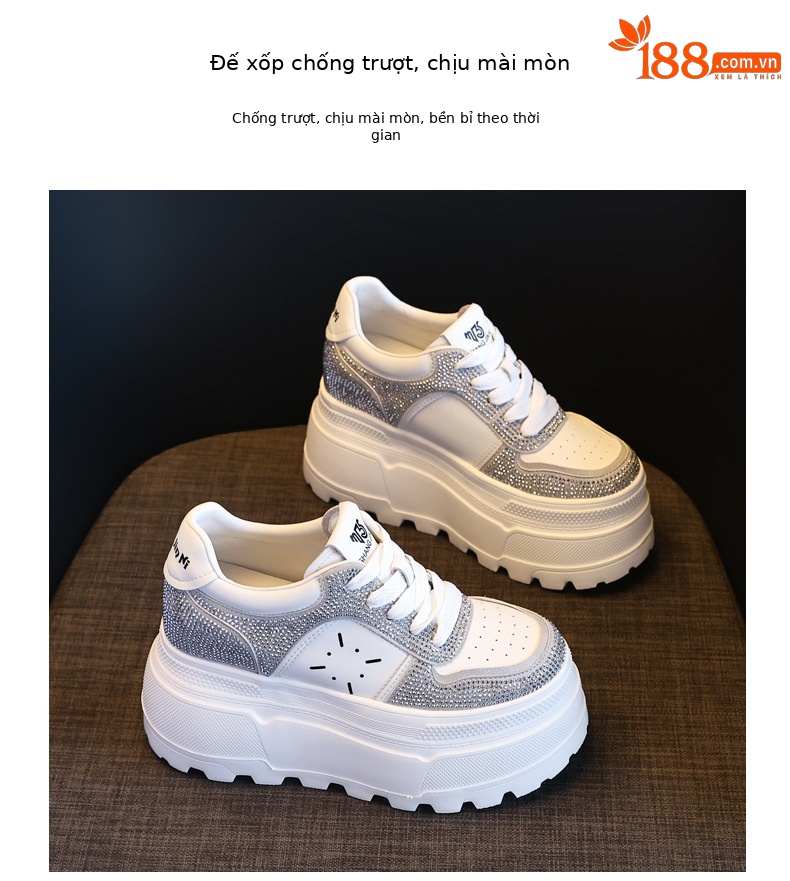 Giày sneaker nữ đế dày độn cao bên trong, phối đá rhinestone trắng thời trang — bạc trắng chi tiết 10