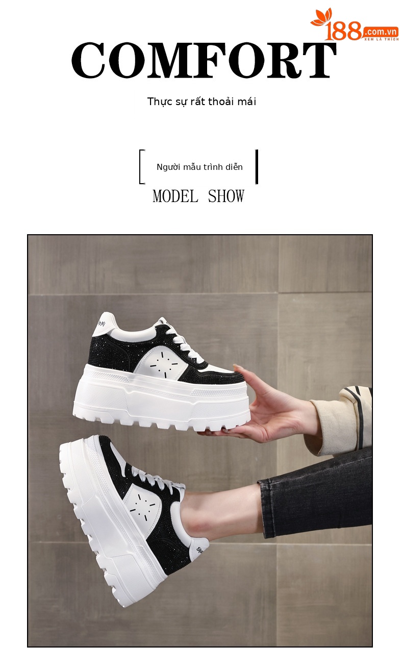 Giày sneaker nữ đế dày độn cao bên trong, phối đá rhinestone trắng thời trang — bạc trắng chi tiết 11