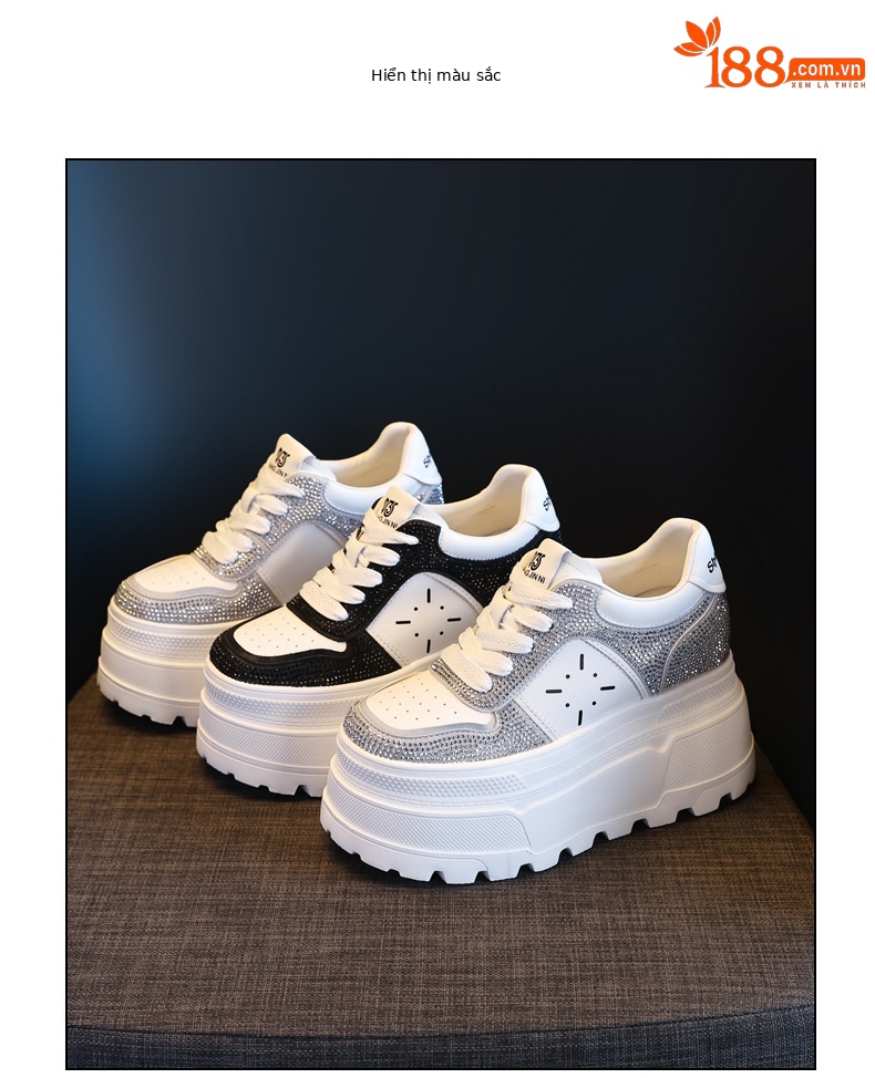 Giày sneaker nữ đế dày độn cao bên trong, phối đá rhinestone trắng thời trang — bạc trắng chi tiết 18