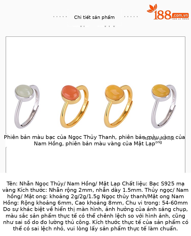 Nhẫn bạc S925 mạ vàng mặt trứng bầu dục phong cách retro — Mẫu màu bạc sáp ong chi tiết 2
