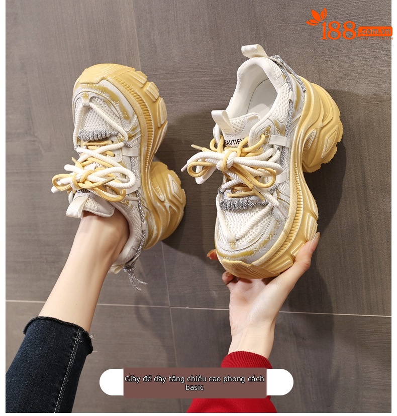 Giày sneaker nữ đế dày độn cao mặt lưới thoáng khí phong cách thể thao — Màu trắng chi tiết 1