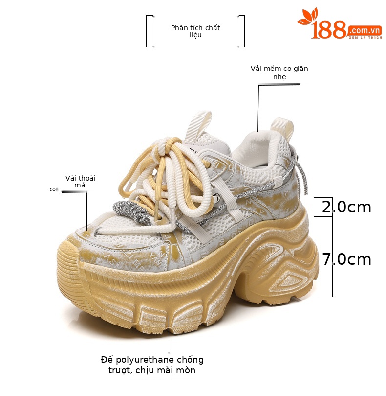 Giày sneaker nữ đế dày độn cao mặt lưới thoáng khí phong cách thể thao — Màu trắng chi tiết 3